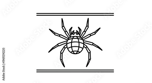 Abstract arachnid with global body design, suspended between parallel lines, simple outline