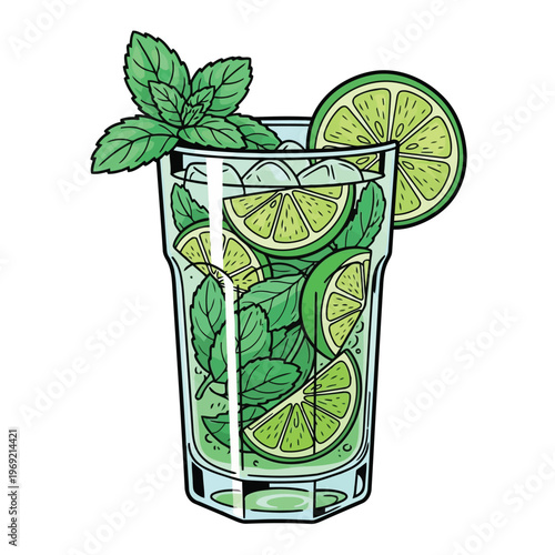 Refreshing mojito cocktail with fresh lime slices and mint leaves vector