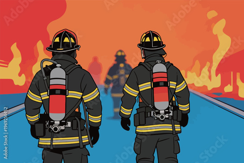 Firefighters respond to a blaze with equipment while approaching flames during an emergency situation