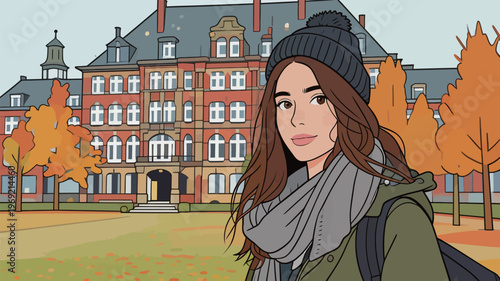 Young woman smiles while standing in front of brick building on a fall day in a park with orange trees and green grass