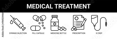 Medical Treatment web banner icon vector illustration concept with icons of syringe injection, pill capsule, medicine bottle, prescription, and IV drip.