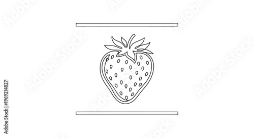 Minimalist black outline drawing of a fresh strawberry fruit centered between two parallel lines