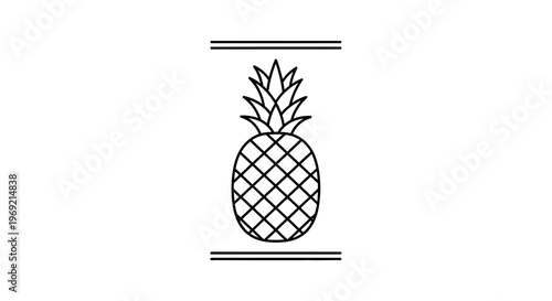 Contemporary black and white outline of a sweet pineapple with subtle framing above and below for