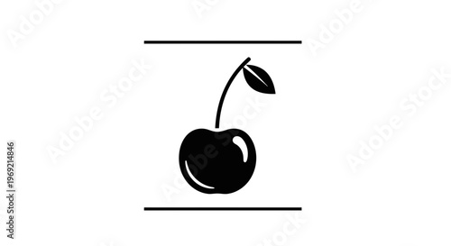 Clean simple black cherry fruit illustration with a distinctive stem and single leaf presented