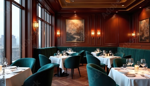 Elegant restaurant dining room features plush teal booths, wood paneling. Tables set with white tablecloths, glassware, candles. Large windows offer city views. Nobody present in luxurious interior.