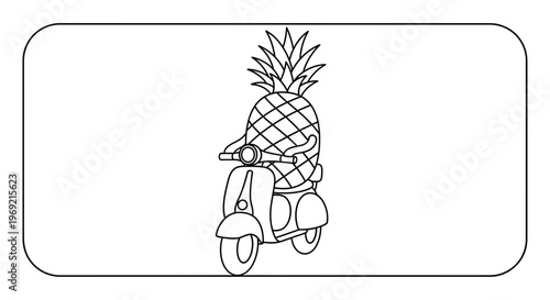 Funny Pineapple Character Riding a Scooter, Line Art Illustration