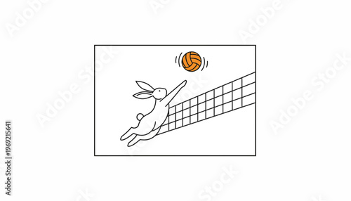 Funny rabbit playing volleyball, jumping to hit the ball over the net
