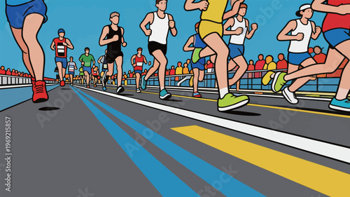 Runners participate in a marathon on a sunny day with a crowd cheering on the sidelines