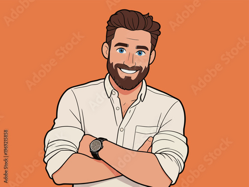Man with a beard smiles and poses with arms crossed against an orange background in a digital illustration
