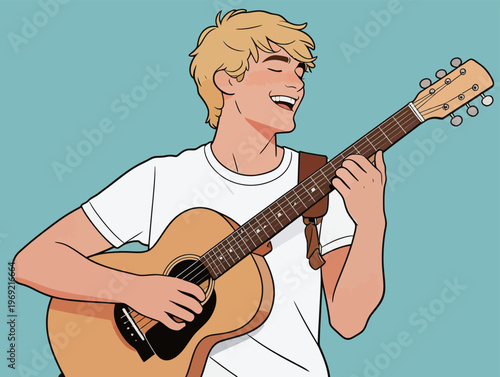 Young man smiles while playing guitar in a bright setting enjoying music and fun activities with friends