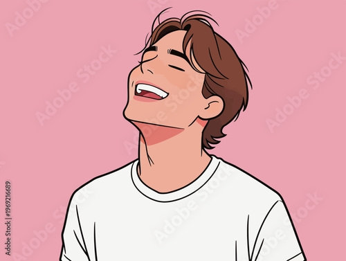 Young man smiles widely with joy against a simple pink background during a bright moment