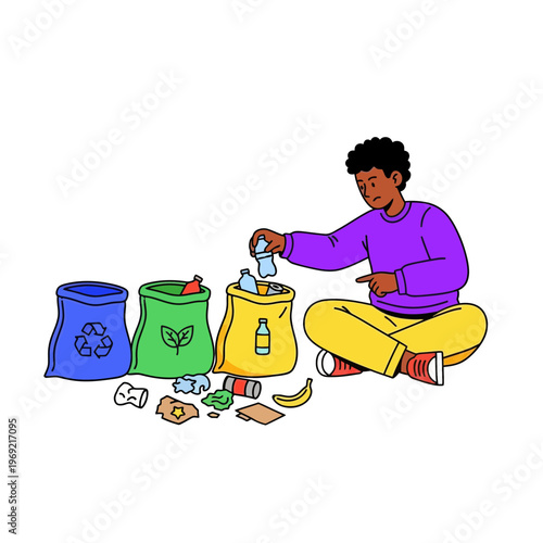 Diverse Male Characters Collecting and Sorting Garbage for Recycling, Sustainability and Environmental Protection Concept Illustration