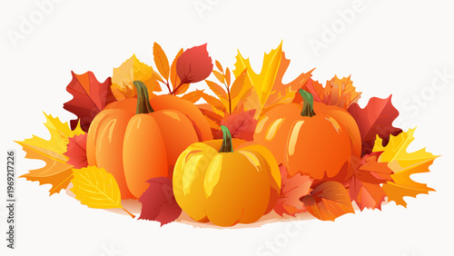A vibrant autumn arrangement of pumpkins and colorful falling leaves