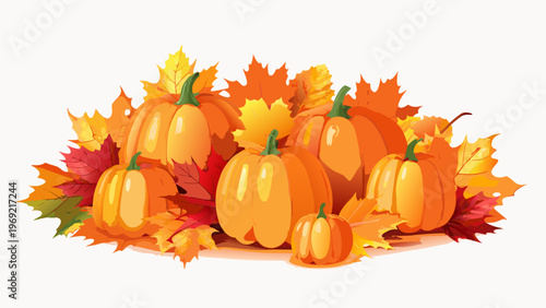 Autumnal arrangement of vibrant pumpkins and colorful maple leaves