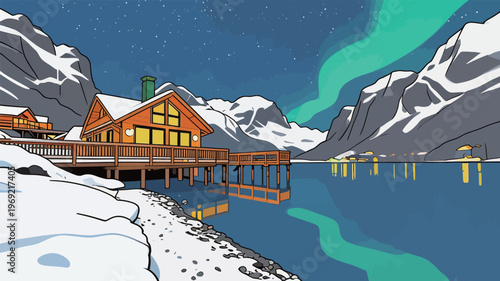 Cabin by a lake under the stars with northern lights in a snowy landscape during winter evening