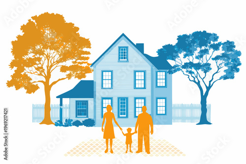 A family stands in front of a charming two toned house with trees