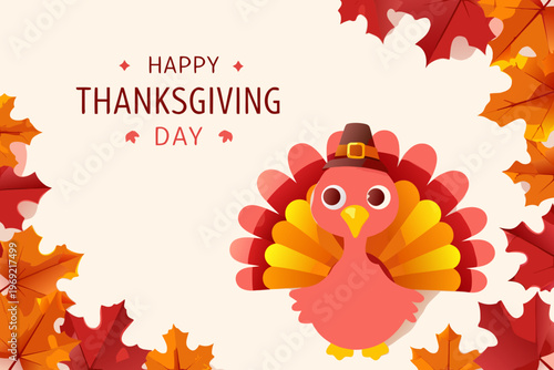 Festive thanksgiving day greeting with a cute cartoon turkey and leaves