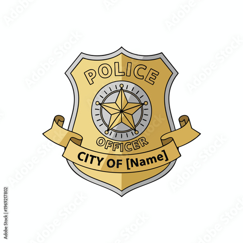 Gold shield badge with star, "POLICE OFFICER," and "CITY OF [Name]" text