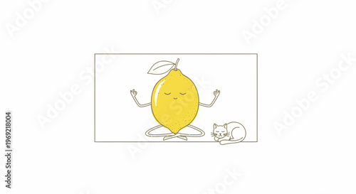 Funny Lemon Meditating Yoga Pose Near Sleeping Cat, Zen Lifestyle