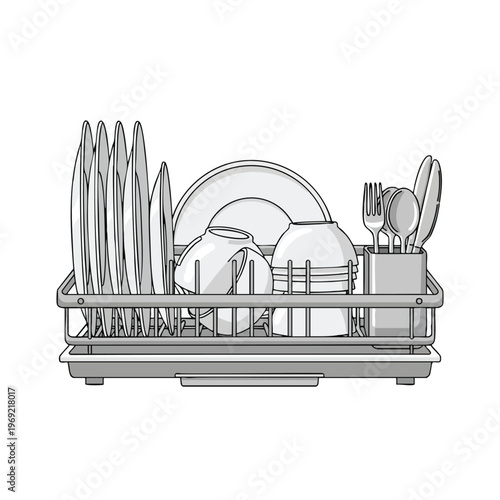 A gray dish rack holds clean plates, bowls, cups, and cutlery