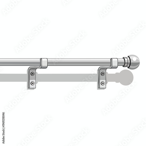 Silver curtain rod with decorative finial and bracket supports on white