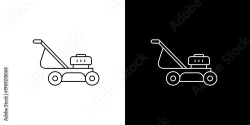 Outline illustration of a lawn mower, perfect for gardening and lawn care services, available in black and white
