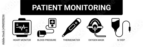 Patient Monitoring web banner icon vector illustration concept with icons of blood pressure, heart monitor, thermometer, oxygen mask, hospital bed, and nurse.