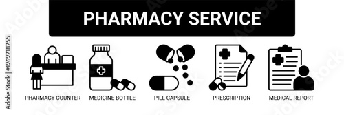 Pharmacy Service web banner icon vector illustration concept with icons of pharmacy counter, medicine bottle, pill capsule, prescription, and medical report.