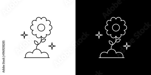 Simple line art icon of a flower blooming from the ground with sparkles, presented on both white and black backgrounds for versatile use