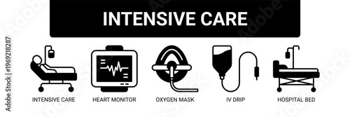 Intensive Care web banner icon vector illustration concept with icons of intensive care, heart monitor, oxygen mask, IV drip, and hospital bed.