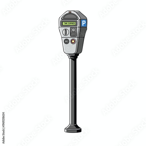 Tall grey parking meter with digital display reading "TIME EXPIRED" and a blue "P