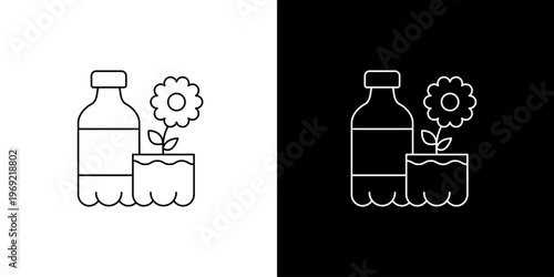 Icon Illustration of recycled plastic bottle used as a planter for a flower on a white and black background