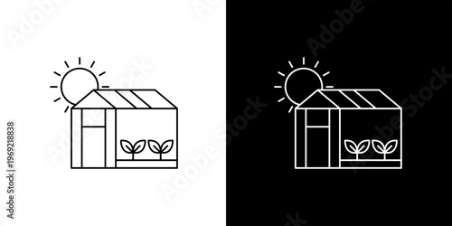 Minimalist vector line icon of a modern greenhouse with growing plants under a radiant sun, symbolizing sustainable agriculture, gardening, and eco-friendly cultivation practices
