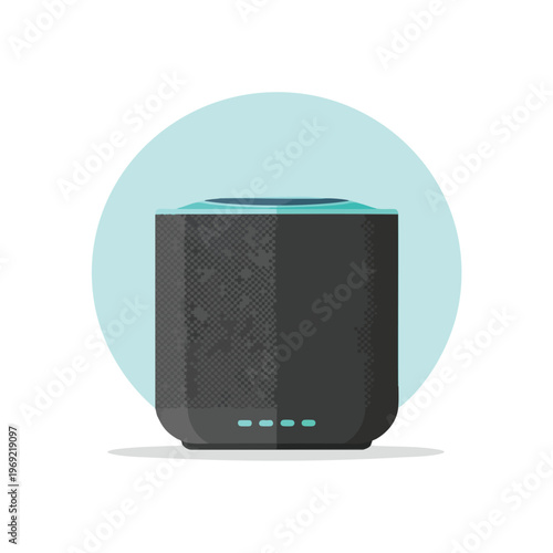 A cylindrical smart speaker with a textured body and glowing indicator lights