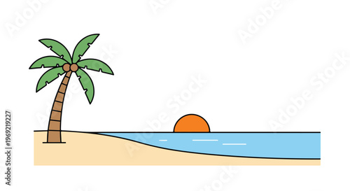 Tropical beach, palm tree, sunset, vector illustration, summer vacation, travel