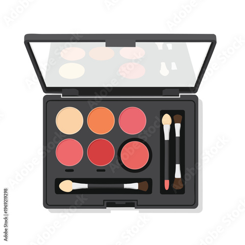 Open makeup palette with six circular powder pans and two applicators