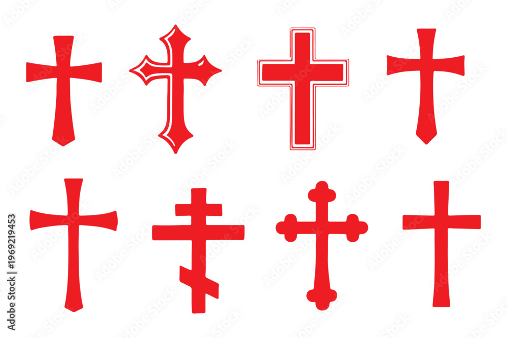 Fototapeta premium Set of elegant golden Christian crosses with metallic textures. Religious symbols of faith and spirituality, isolated on light background. Decorative crucifix icons perfect for church, Easter