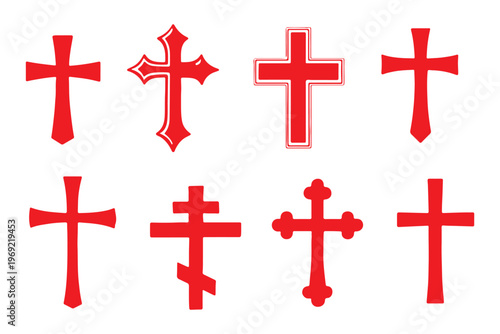 Set of elegant golden Christian crosses with metallic textures. Religious symbols of faith and spirituality, isolated on light background. Decorative crucifix icons perfect for church, Easter