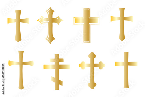 Set of elegant golden Christian crosses with metallic textures. Religious symbols of faith and spirituality, isolated on light background. Decorative crucifix icons perfect for church, Easter