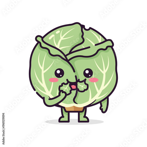 Cute Cabbage Character Eating Itself, Kawaii Vegetable Cartoon Illustration