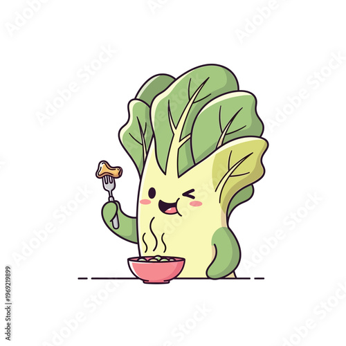 Cute Bok Choy Character Eating Food with Fork and Bowl