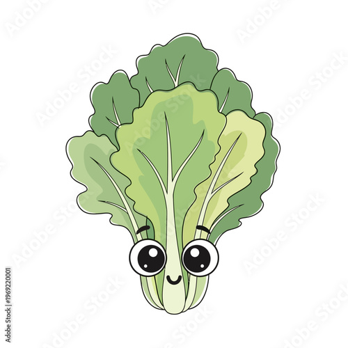Cute cartoon bok choy character with big eyes and smile, isolated on white background
