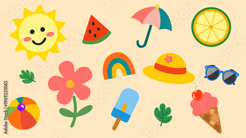 Cute Kawaii Summer Holiday Icon Set with Smiling Sun, Ice Cream, and Beach Elements in Flat Design