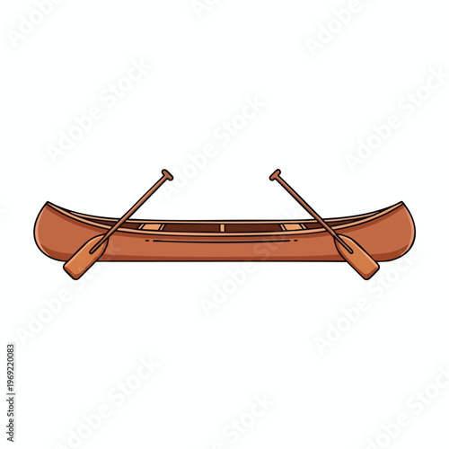 A minimalist illustration of a brown canoe with two wooden paddles