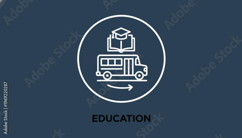 Education Concept: School Bus with Open Book and Graduation Cap Icon on Blue Background