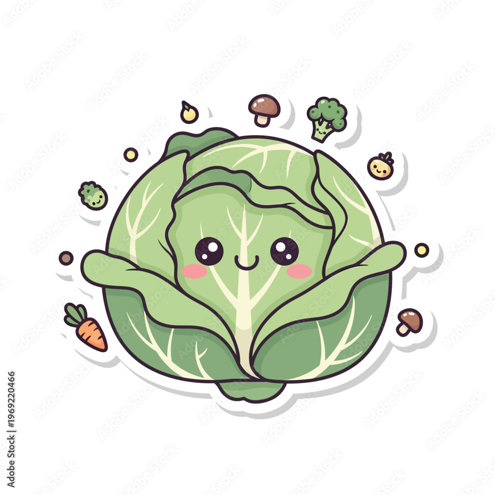 Fototapeta premium Cute Kawaii Cabbage Character Surrounded by Healthy Vegetables and Food Elements