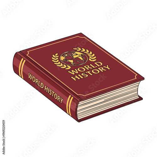 Embossed burgundy tome d "World History" with a golden globe and laurel wreath emblem