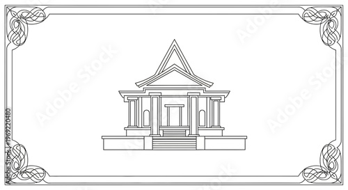 Elegant Temple Facade with Ornate Border - Architectural Line Art