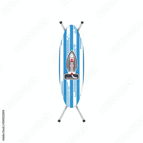 Ironing board with blue stripes and a metallic iron on top