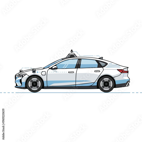 White autonomous sedan with sensors on roof, front, and sides, traveling on dashed line